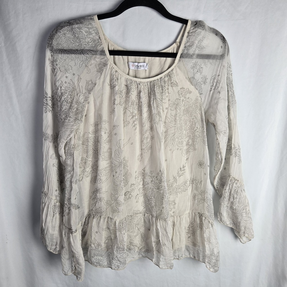 Luisa Ricci Womens Small Floral 100% Silk Blouse Ruffle Hem Ethereal Fairycore